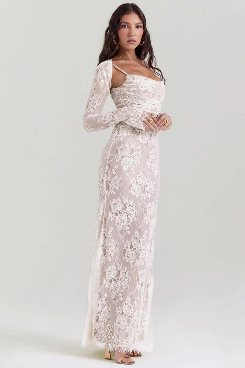 CLEREVE Shoulder-On Floral Lace Maxi Dress