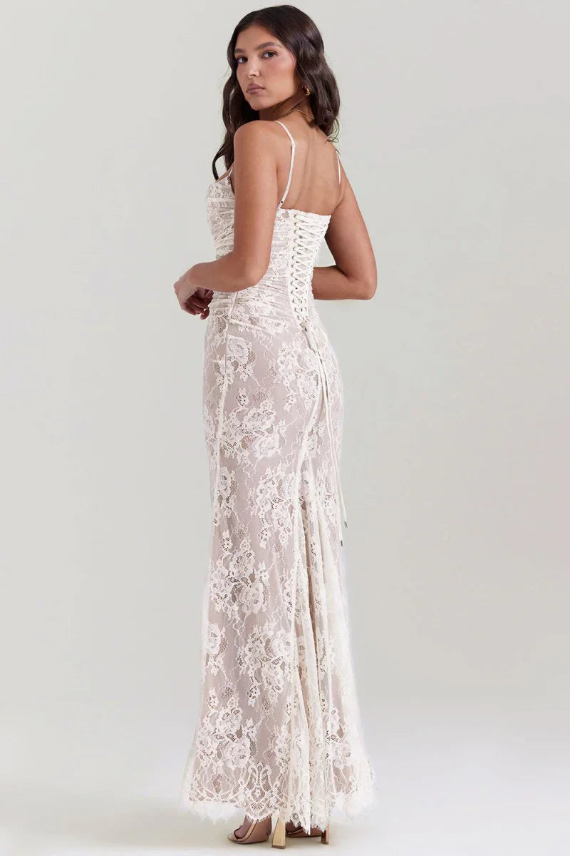 CLEREVE Shoulder-On Floral Lace Maxi Dress