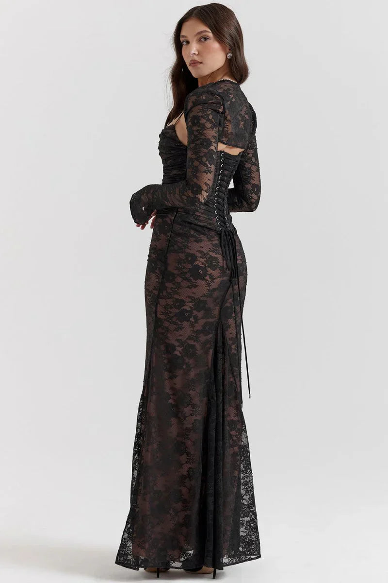CLEREVE Shoulder-On Floral Lace Maxi Dress