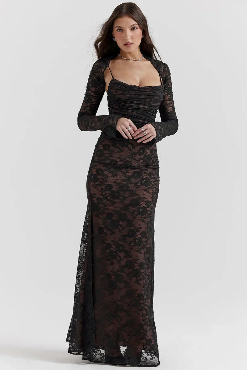 CLEREVE Shoulder-On Floral Lace Maxi Dress