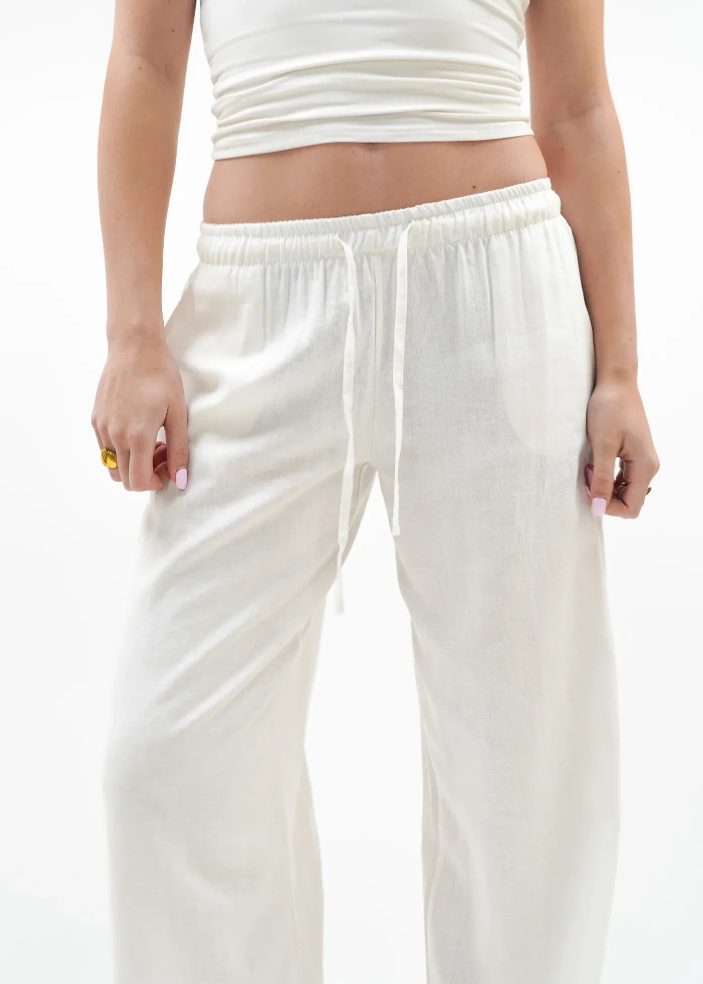 Low waist linen pants white