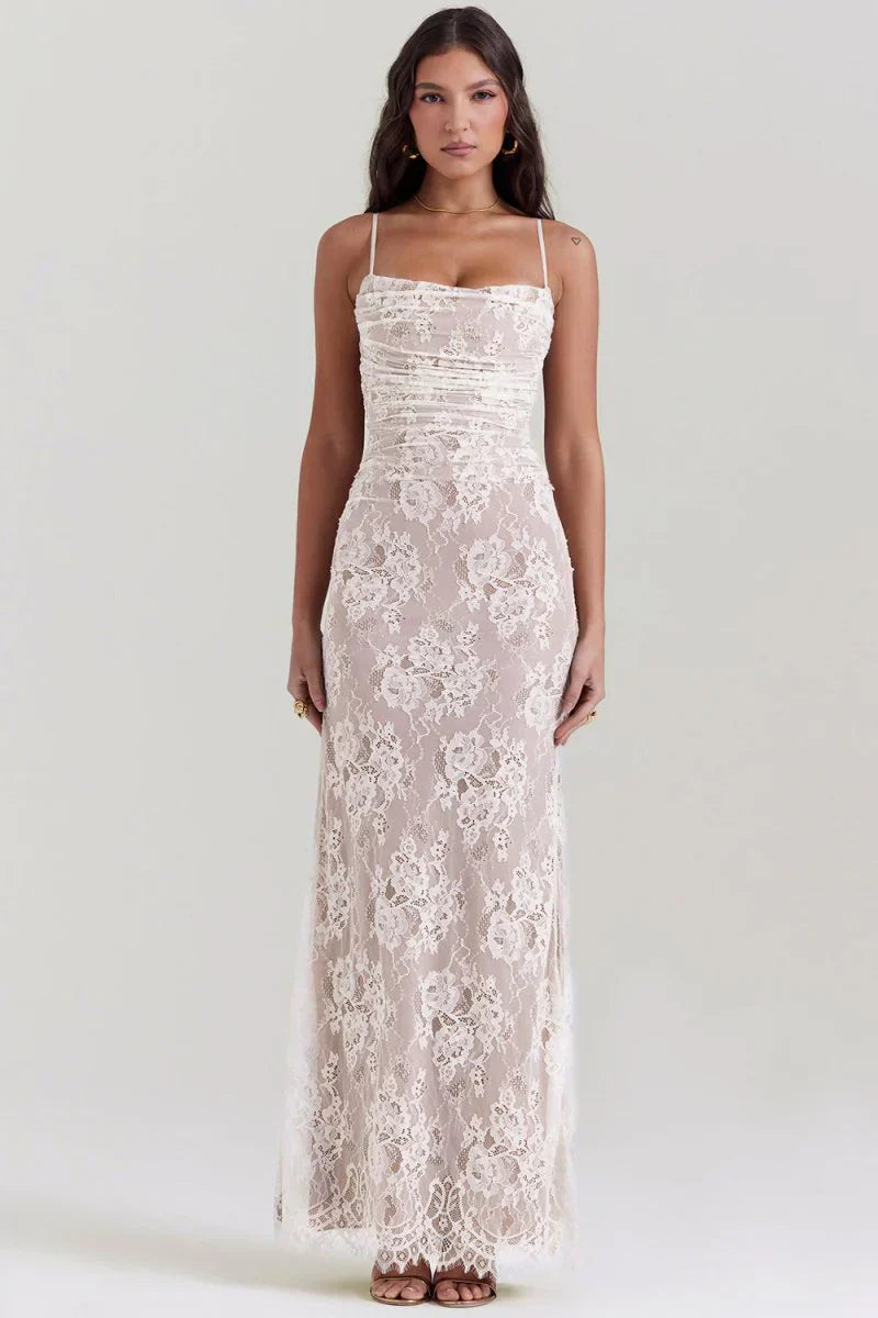 CLEREVE Shoulder-On Floral Lace Maxi Dress
