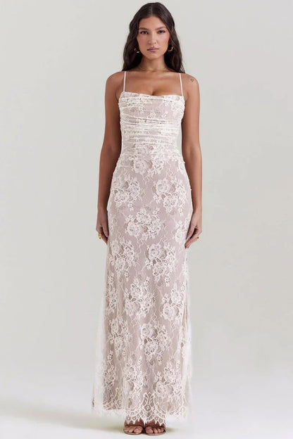 CLEREVE Shoulder-On Floral Lace Maxi Dress