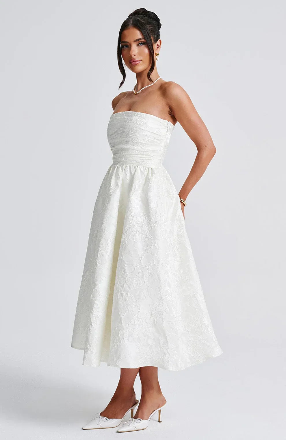 CLEREVE Strapless Jacquard Midi Dress